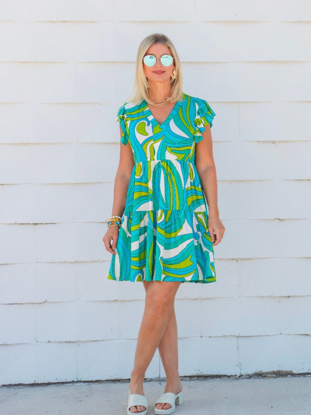 La Mer Luxe Brooke Teal & Lime V-Neck Tiered Short Dress